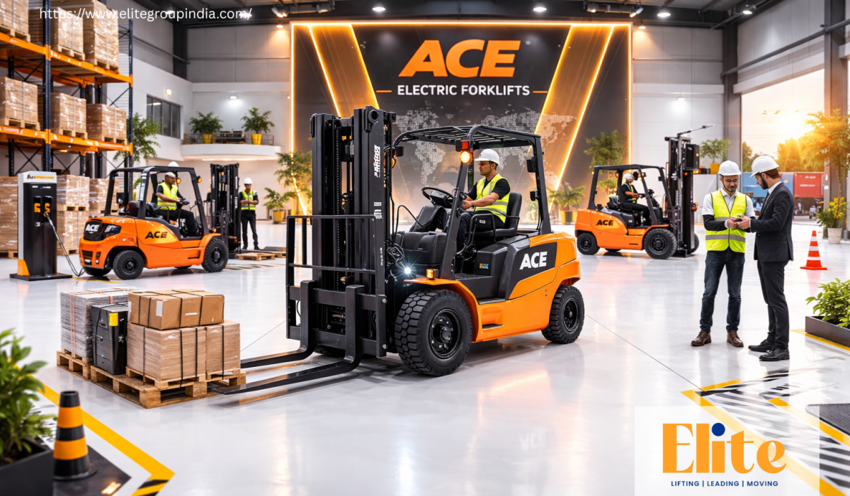 Electric forklift handling warehouse pallets in an Indian industrial facility