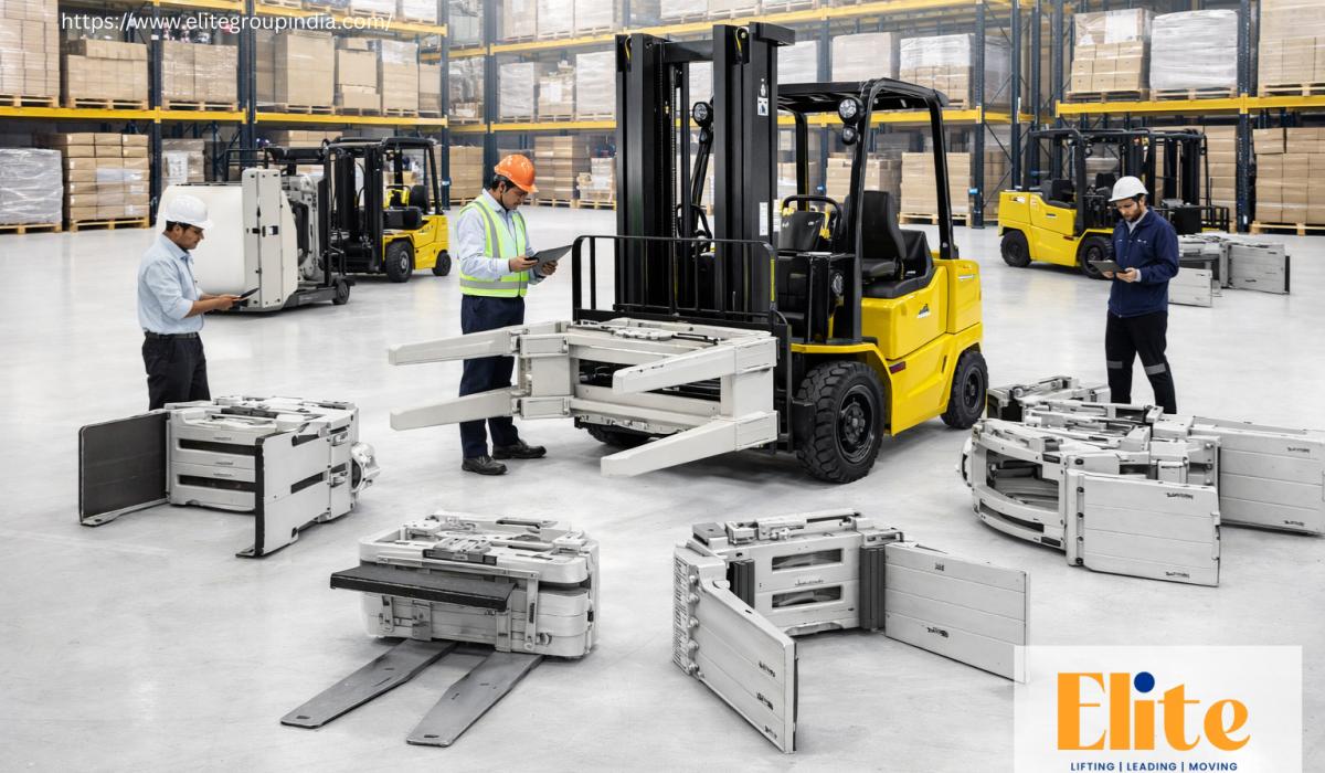 Forklift with multiple material handling attachments in a warehouse for efficient industrial lifting and logistics operations
