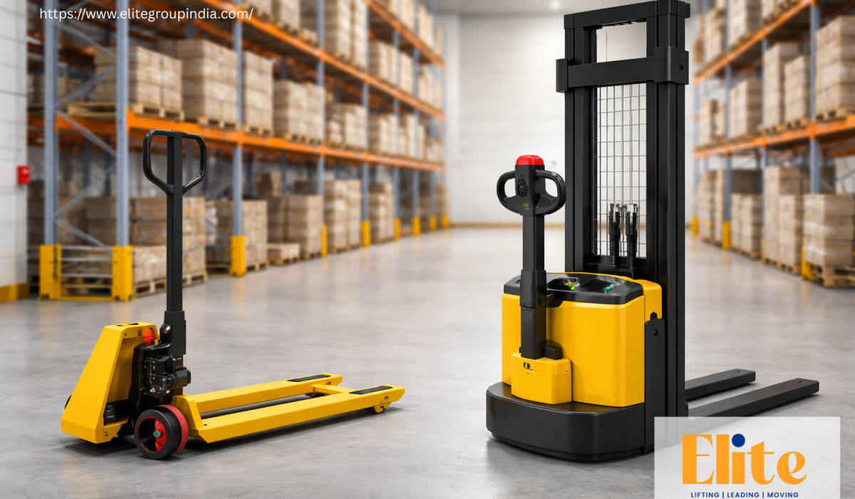 Manual pallet truck and electric stacker in a warehouse used for pallet transportation, material handling, and warehouse lifting operations.