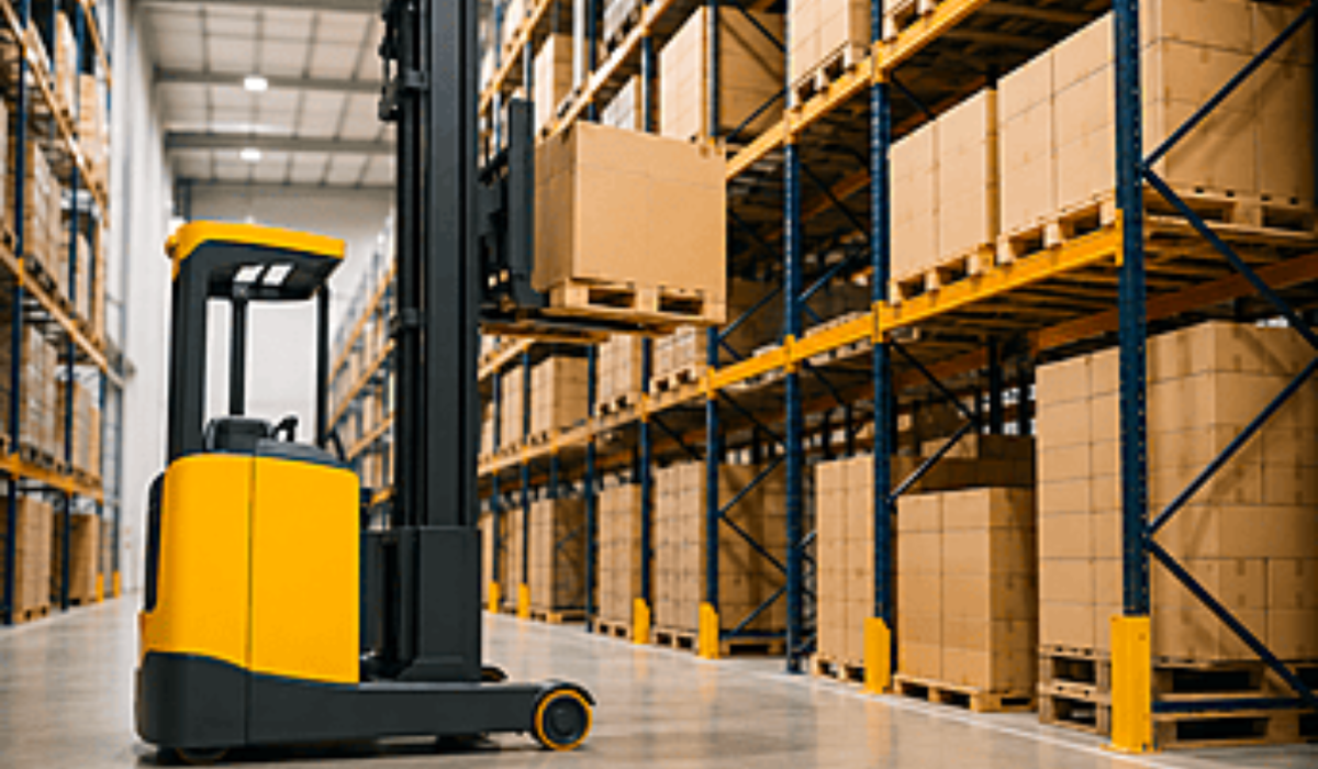 Electric reach truck lifting pallets in a high-rack warehouse to maximize storage efficiency and improve material handling productivity.