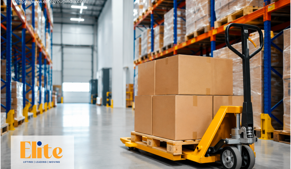 Heavy-duty pallet truck transporting palletized goods in a modern industrial warehouse