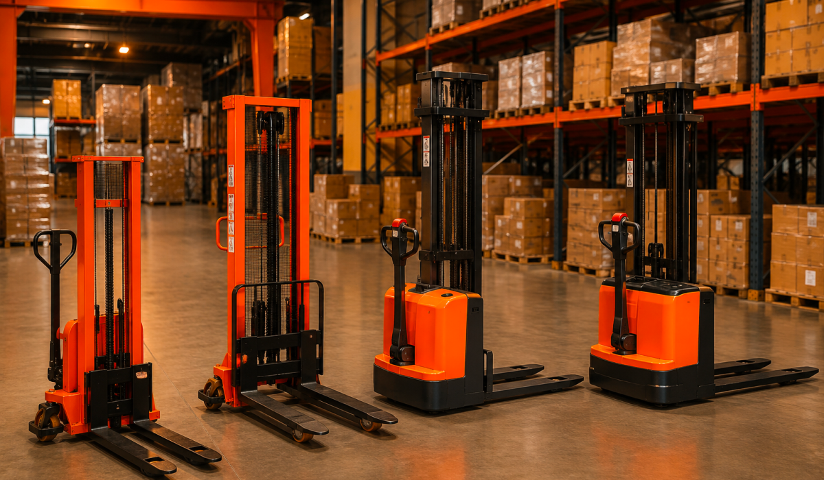 Hydraulic, manual, semi electric, and electric stacker machines improving warehouse storage and pallet handling efficiency.