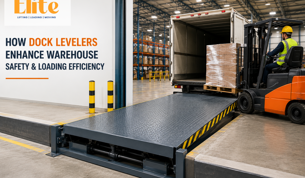 Warehouse dock leveler connecting a loading dock to a truck with a forklift transporting goods safely inside an industrial warehouse.