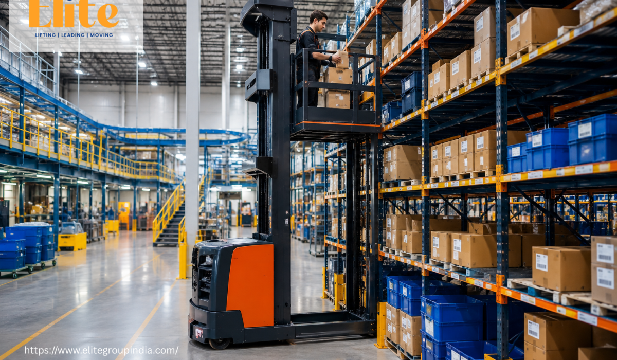 Order picker lifting warehouse operator for efficient inventory picking in a modern warehouse automation facility
