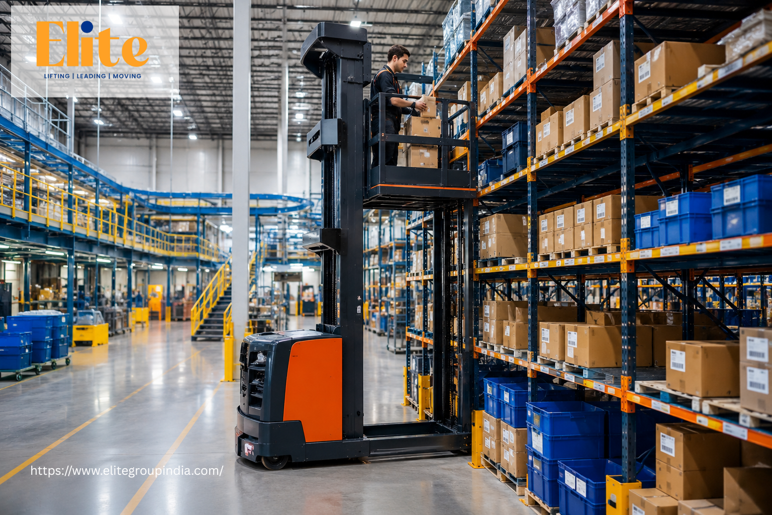 Order picker lifting warehouse operator for efficient inventory picking in a modern warehouse automation facility