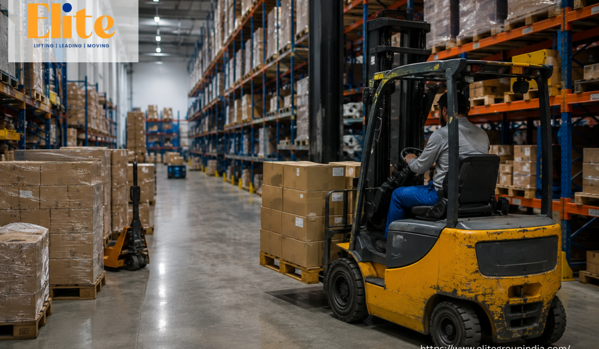 Modern material handling equipment in an automated industrial warehouse