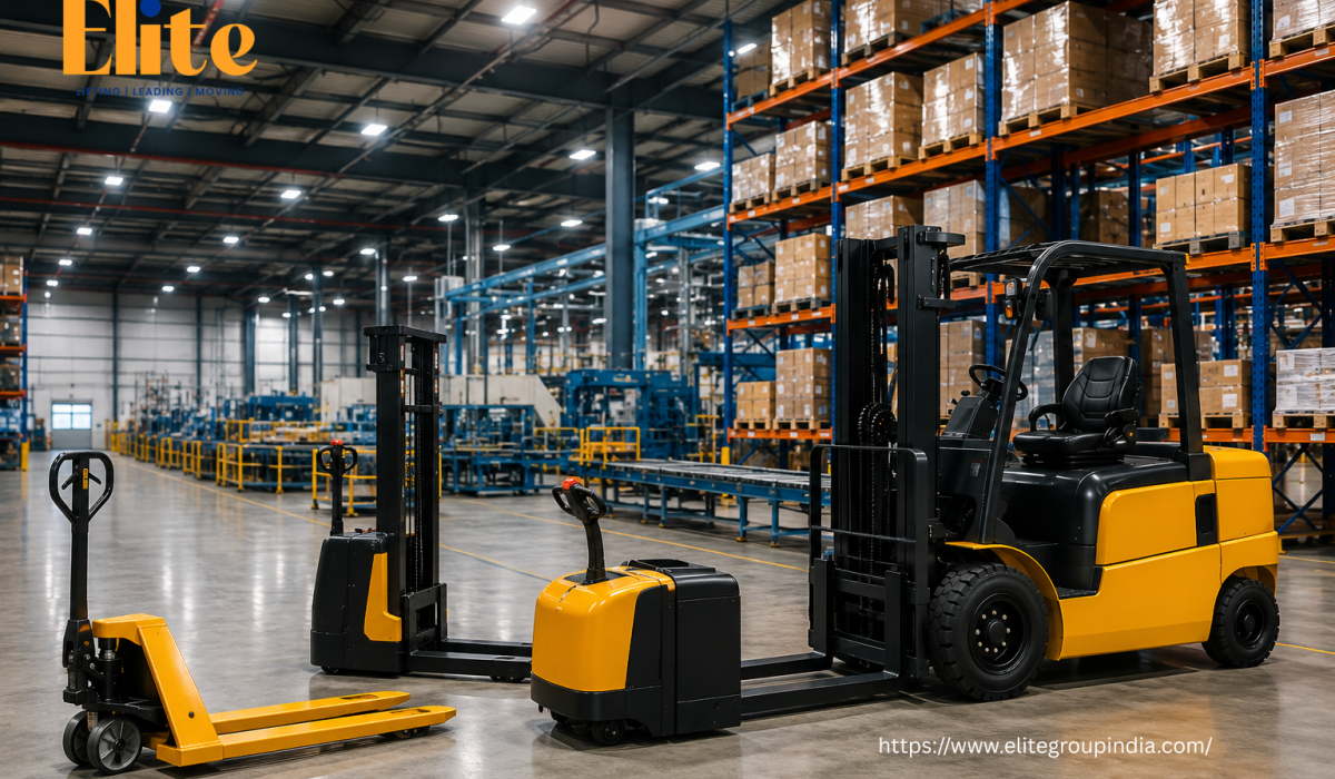 Warehouse equipment including pallet trucks, electric pallet stackers, and articulated forklifts operating in a modern manufacturing facility